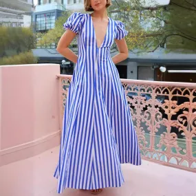 V-neck Fashion Striped Puff Sleeve Dress