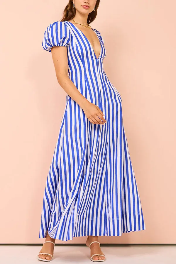 V-neck Fashion Striped Puff Sleeve Dress