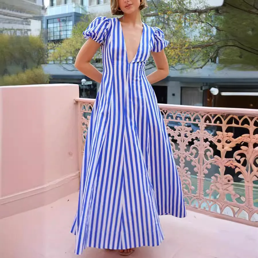 V-neck Fashion Striped Puff Sleeve Dress