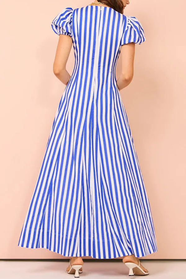 V-neck Fashion Striped Puff Sleeve Dress