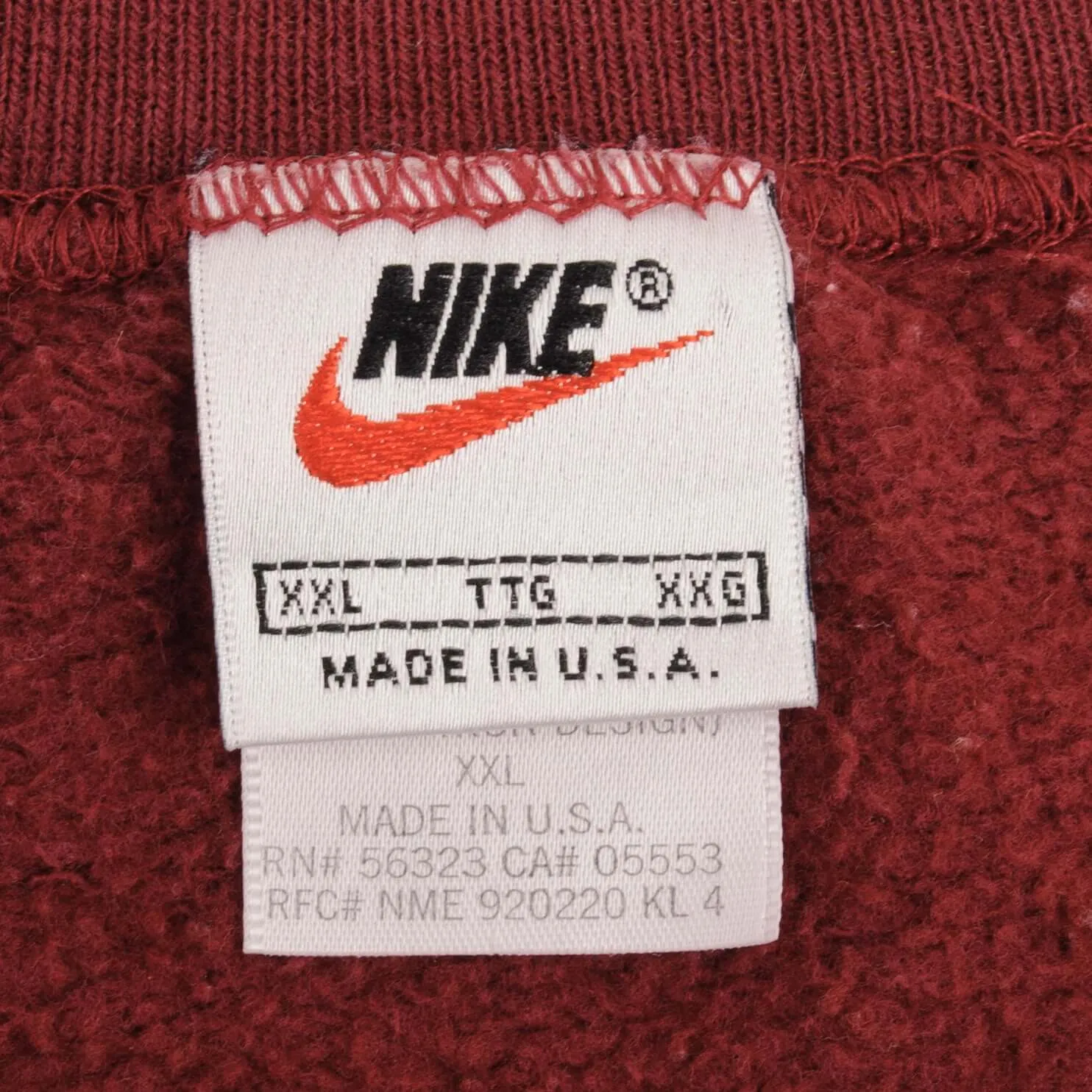 VINTAGE NIKE SPELLOUT SWOOSH BURGUNDY SWEATSHIRT 1990S 2XL MADE IN USA