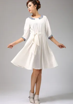 White linen dress with collar and elbow length sleeves (675)