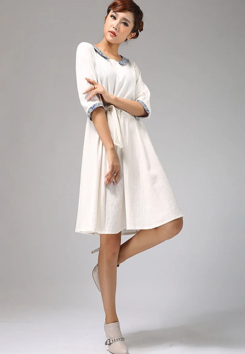 White linen dress with collar and elbow length sleeves (675)