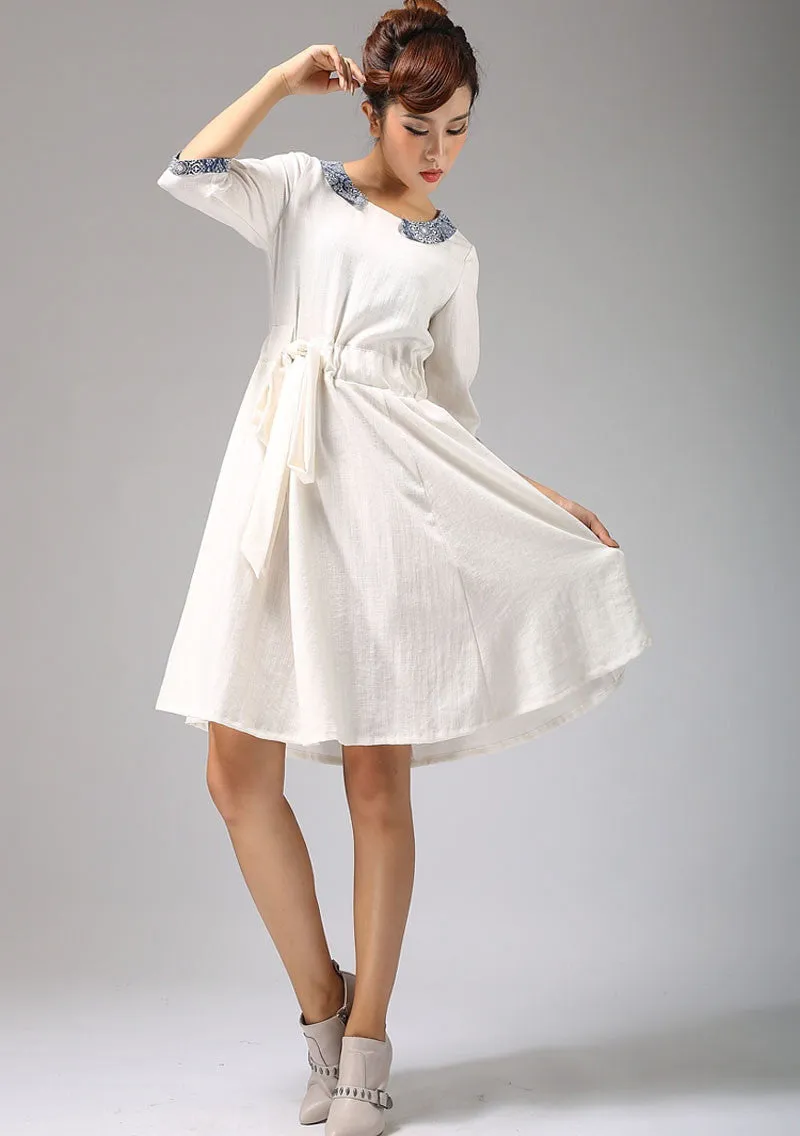 White linen dress with collar and elbow length sleeves (675)