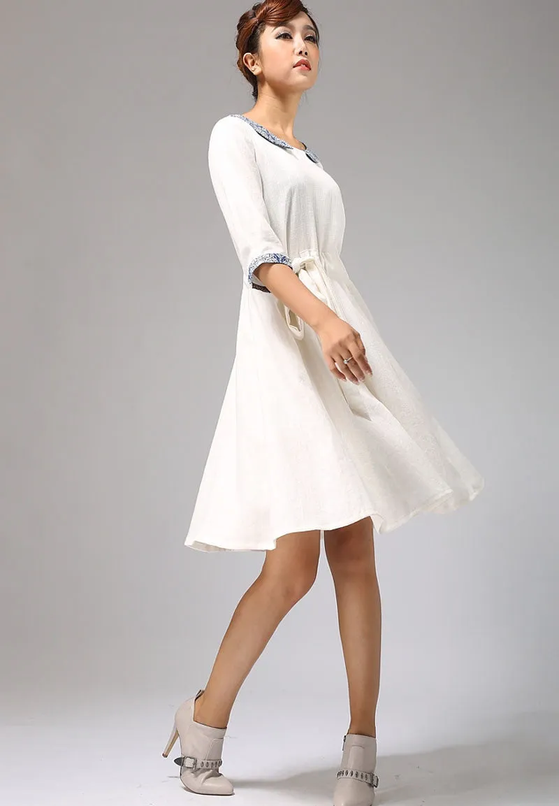 White linen dress with collar and elbow length sleeves (675)