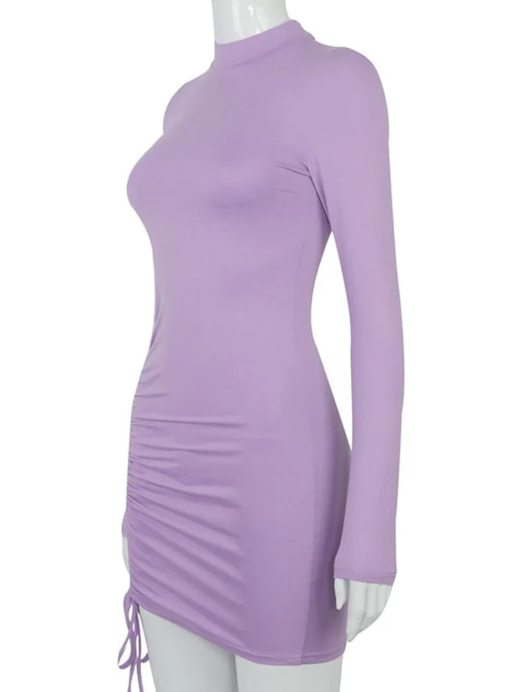 Women Long Sleeve Ruched Bodycon Dress  Turtleneck Bandage Mini Dress - WD8147