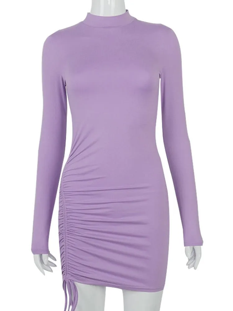 Women Long Sleeve Ruched Bodycon Dress  Turtleneck Bandage Mini Dress - WD8147