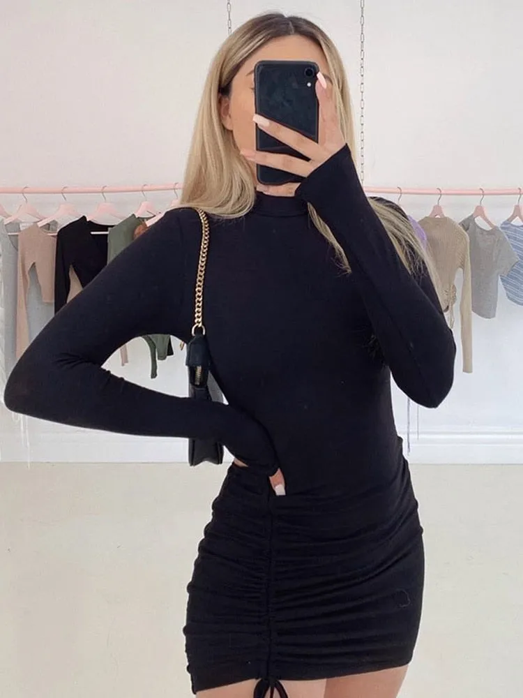 Women Long Sleeve Ruched Bodycon Dress  Turtleneck Bandage Mini Dress - WD8147