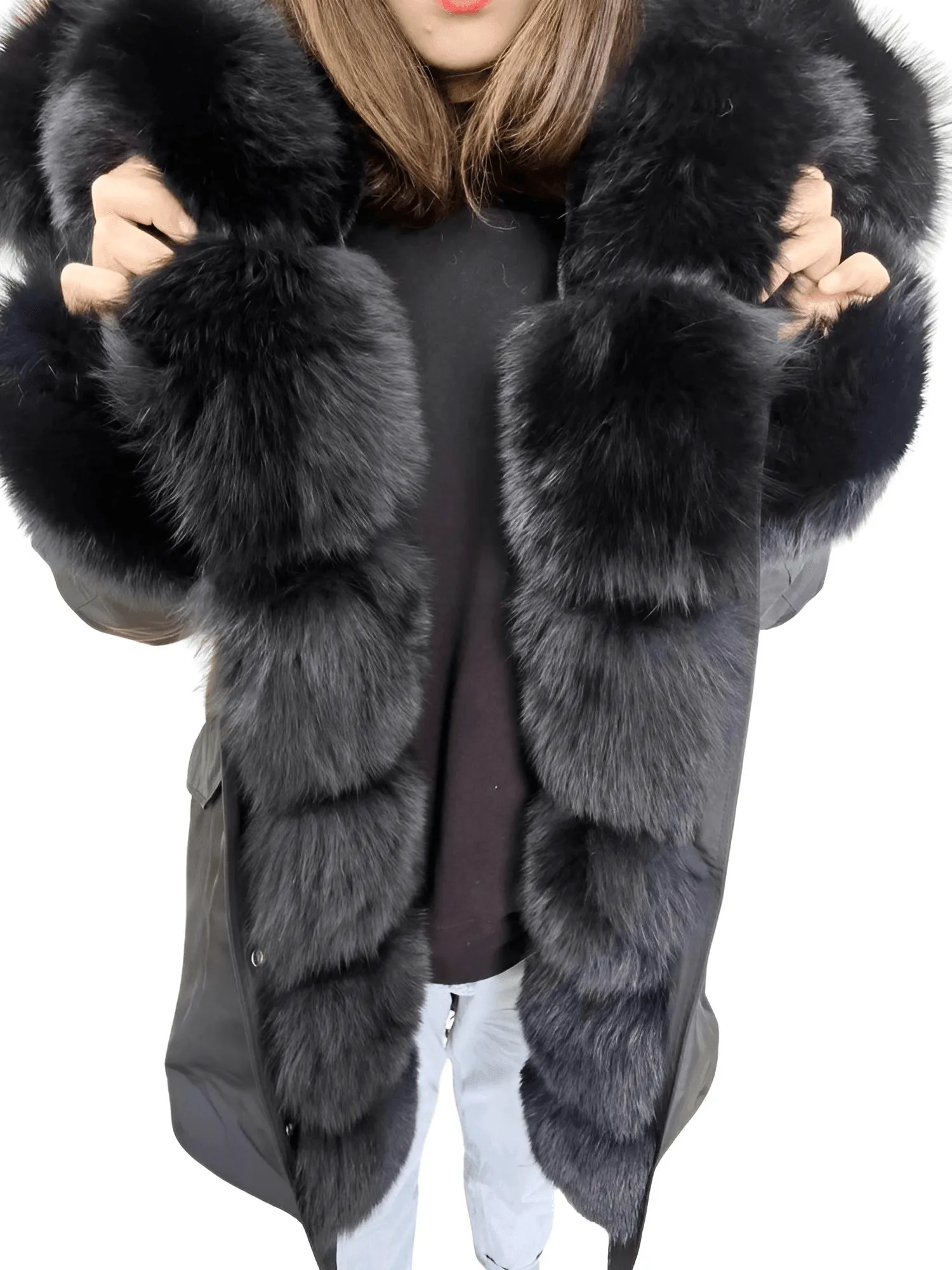 Women's Long Rabbit Fur Parka Real Fur Lining & Real Fox Fur Collar