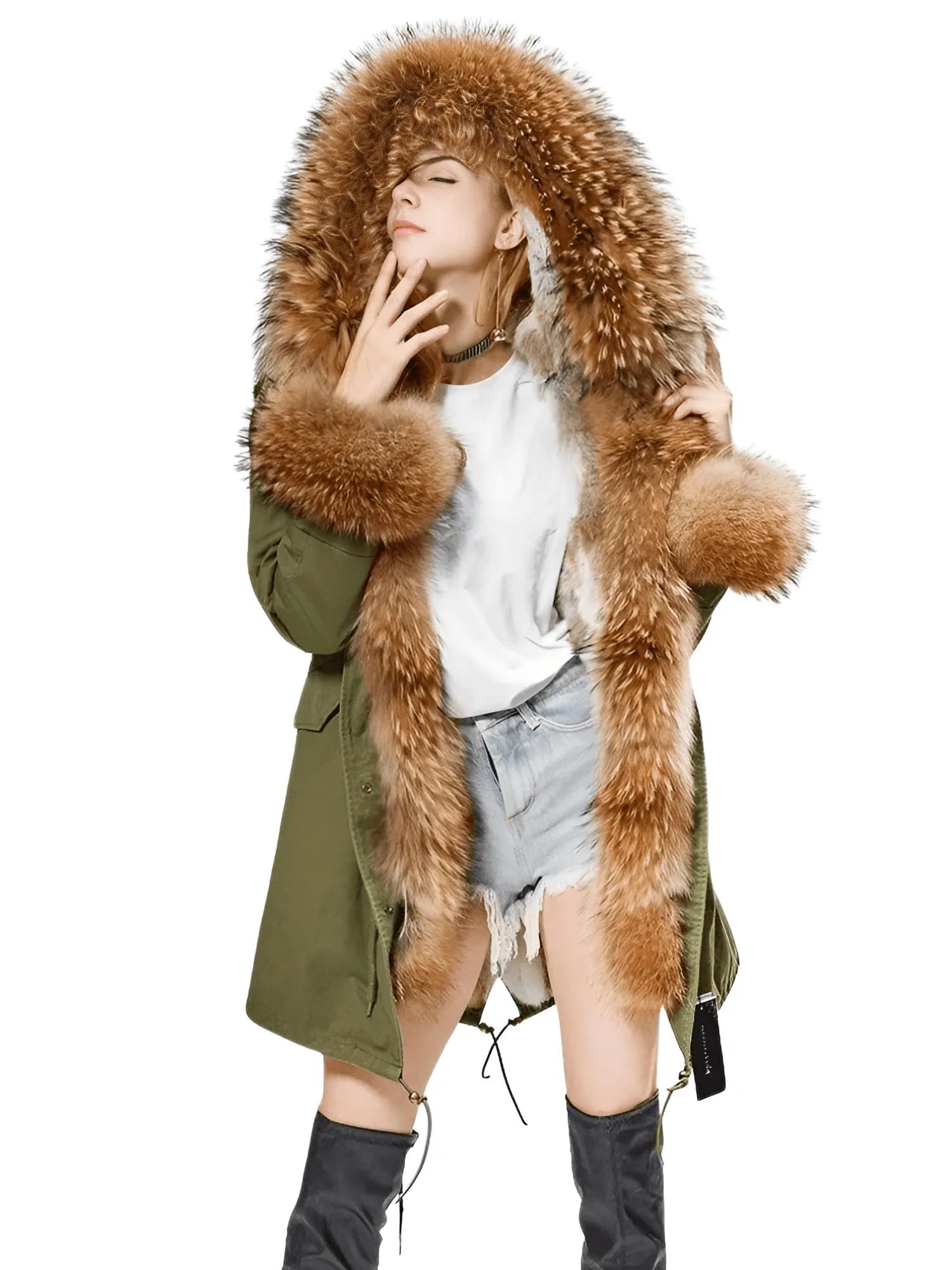 Women's Long Rabbit Fur Parka Real Fur Lining & Real Fox Fur Collar