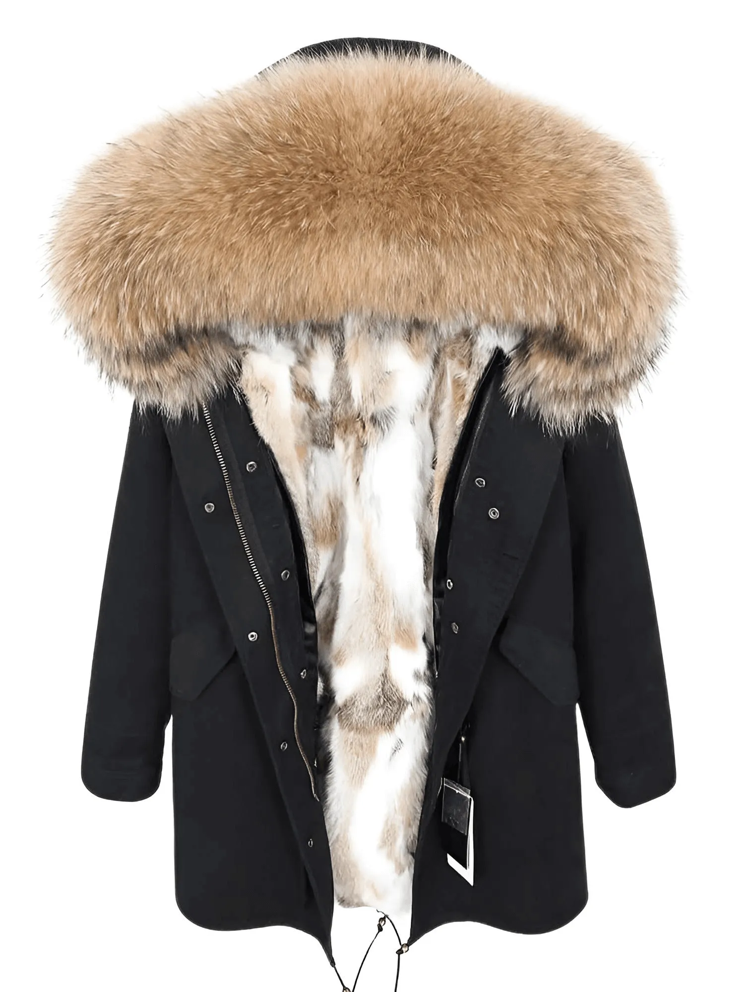 Women's Long Rabbit Fur Parka Real Fur Lining & Real Fox Fur Collar