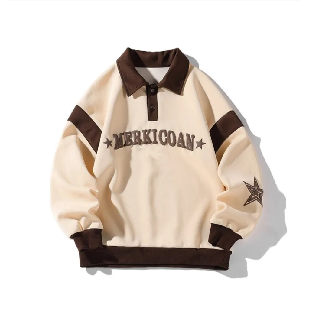 Y2K Streetwear Fashion Contrast Polo Embroidery Oversized Baggy Fleece Sweatshirt For Mens